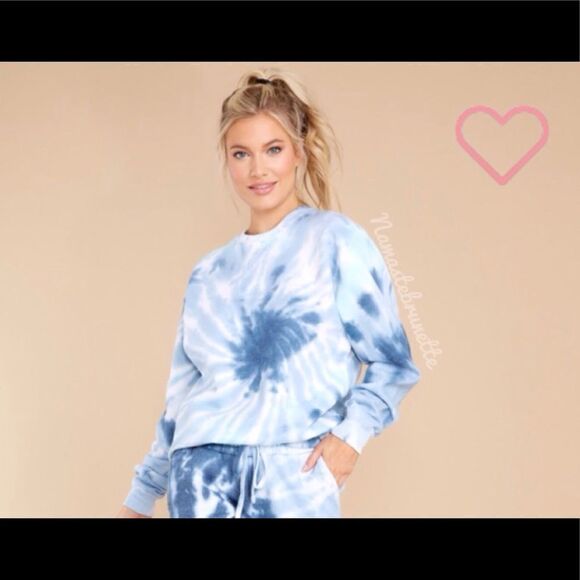 Nwt Boho Sea Blue & Navy  Spiral Tie Dye Long Sleeve Pullover Sweatshirt - Picture 10 of 15